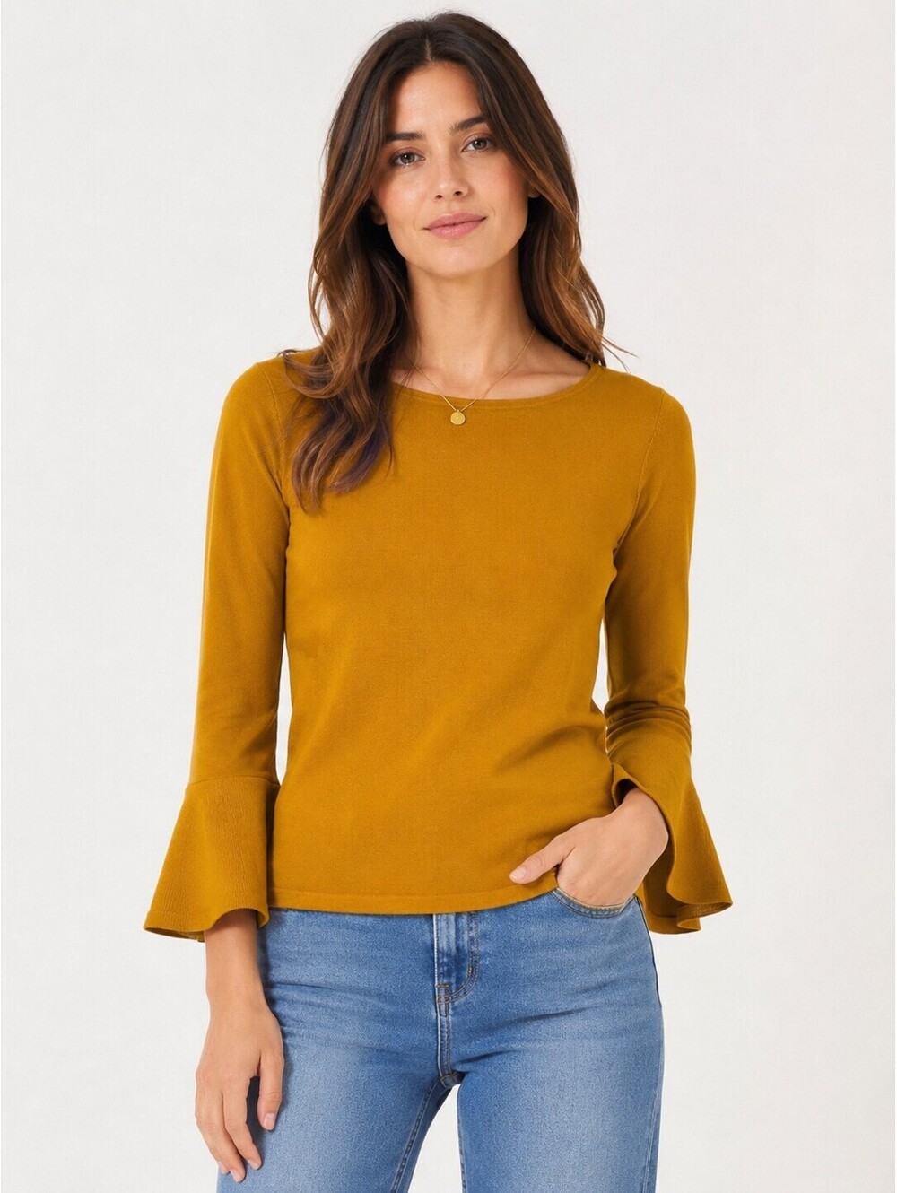 Hobbs London Mustard Bell Sleeve Knit Top M Viscose Blend Crew Neck Sweater